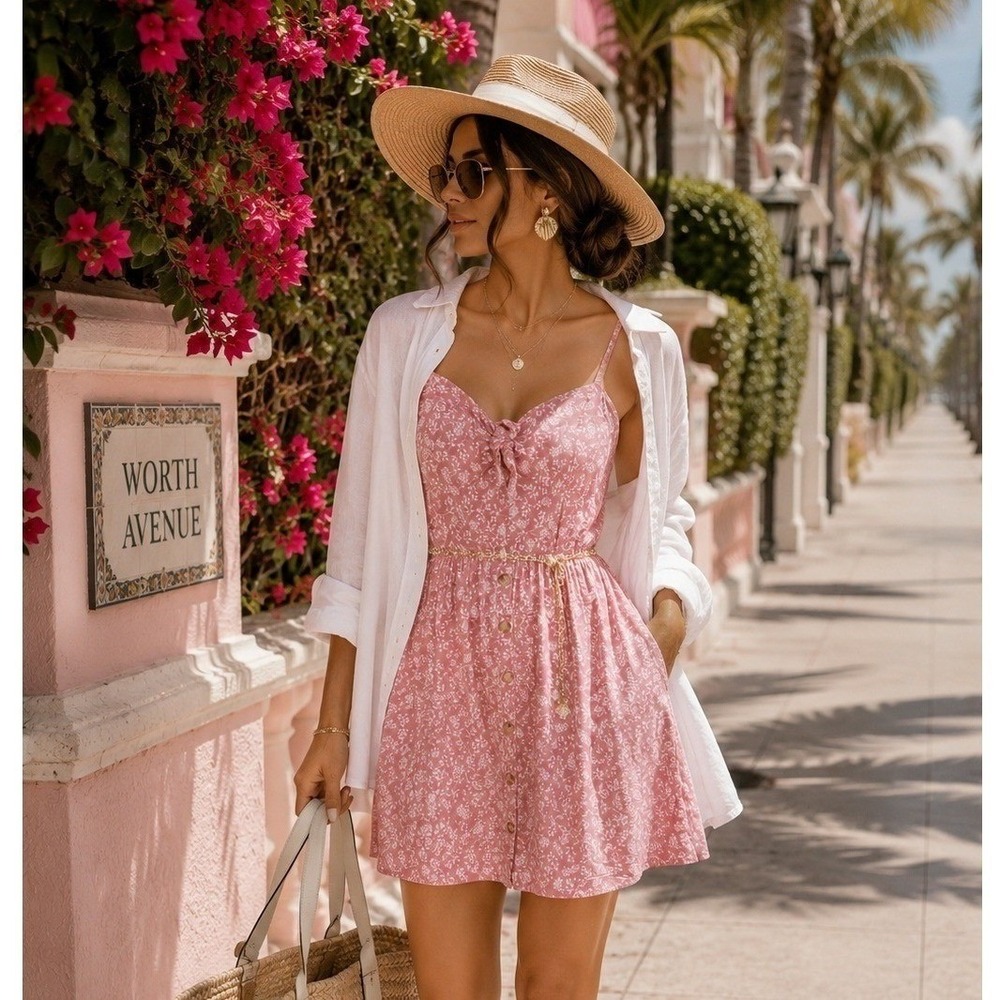 AUW‎ Pink Floral Mini Dress Small Tie Front Button Accent Smocked Back Sundress